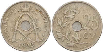 Бельгия 25 сантимов 1922 Belgie, Альберт I (1909-1934) KM 69 медно-никель 4546-143