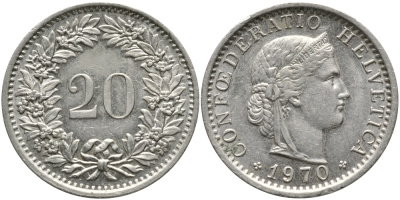 Швейцария 20 раппенов 1970 KM 29a медно-никель 4392-1259