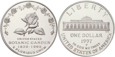 США 1 доллар 1997 P, 175 лет Ботаническому саду KM 278 серебро PROOF 11-233-13