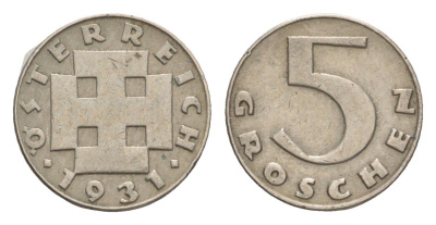 Австрия 5 грошей 1931 KM 2846 медно-никель 4564-1128