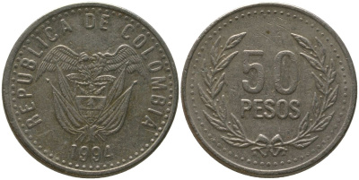 Колумбия 50 песо 1994 KM 283.2 никель латунь 4538-1033