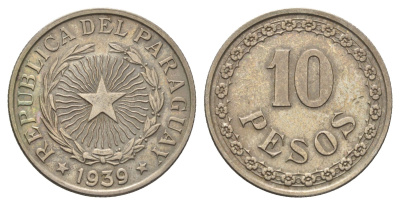 Парагвай 10 песо 1939 год-тип KM 19 медно-никель 4666-1056