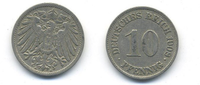 ГЕРМАНИЯ 10 ПФЕННИГОВ 1908 A KM 12, J. 13 медно-никель 58-335