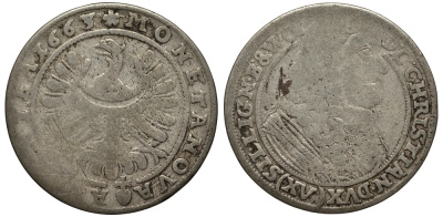 Силезия-Легница-Бжег 15 крейцеров 1663 Кристиан (1639-1673) серебро 413-1224