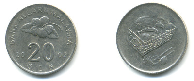 Малайзия 20 сенов 2002 цветок KM 52 медно-никель 176-1021