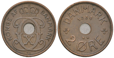 Дания 2 эре 1934 Кристиан X (1912-1947) KM 827 бронза 4115-224