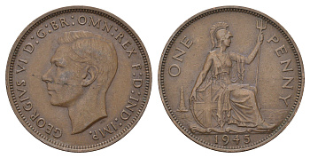 Великобритания 1 пенни 1945 Георг VI (1936-1952) KM 845, Spink 4114 бронза 4683-434