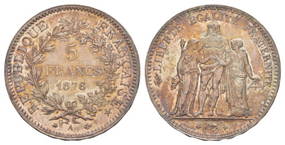 Франция 5 франков 1876 A, Геракл с богинями равенства и братства KM 820.1, Le Franc 334/17 серебро aUNC 443-1641