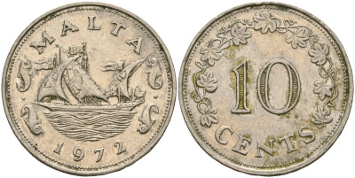 Мальта 10 центов 1972 баржа Великого магистра KM 11 медно-никель 4137-833