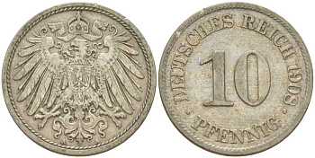 Германия 10 пфеннигов 1908 A KM 12, Jager 13, Weege 8 медно-никель 212-125