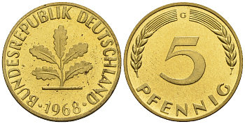 ФРГ 5 пфеннигов 1968 G KM 107, J. 382 сталь плакированная латунью PROOF 1094-7-24