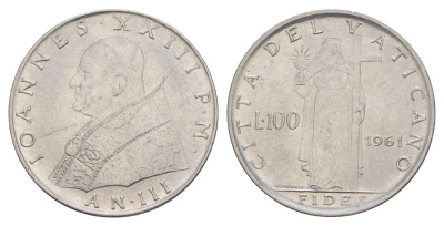 Ватикан 100 лир 1961 Иоанн XXIII KM 64 нержавеющая сталь UNC 4648-651