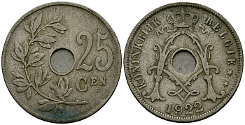 Бельгия 25 сантимов 1922 Belgie, Альберт I (1909-1934) KM 69 медно-никель 4165-842