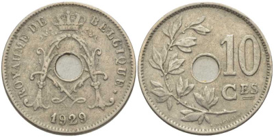 БЕЛЬГИЯ 10 САНТИМОВ 1929 BELGIQUE, АЛЬБЕРТ I (1909-1934) KM 85.1 медно-никель 119-334