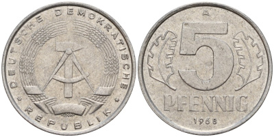 ГДР 5 пфеннигов 1968 A KM 9.1 алюминий 211-469