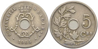 БЕЛЬГИЯ 5 САНТИМОВ 1904 BELGIE KM 55 медно-никель 105-1037