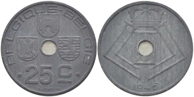 БЕЛЬГИЯ 25 САНТИМОВ 1946 BELGIQUE-BELGIE, ГЕРМАНСКАЯ ОККУПАЦИЯ, ВТОРАЯ МИРОВАЯ ВОЙНА, ЛЕОПОЛЬД III (1934-1950) KM 131 цинк 119-411