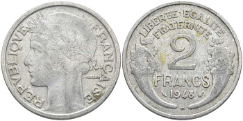 Франция 2 франка 1948 В KM 886a.2, Le Franc 269.13 алюминий 4112-632