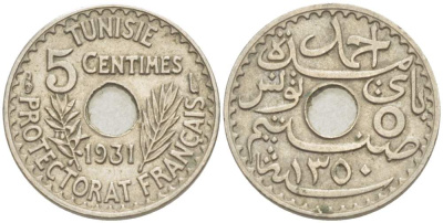 ТУНИС 5 САНТИМОВ 1931 АН1350, AHMAD PASHA BEY KM 258 никель бронза 4516-117