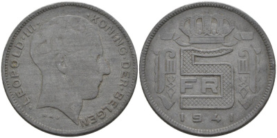 Бельгия 5 франков 1941 Belgen KM 130 цинк 51-2132