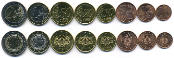 Латвия евронабор из 8 монет 2014 (1, 2, 5, 10, 20, 50 евроцентов, 1, 2 евро), две монеты биметалл UNC N5-65