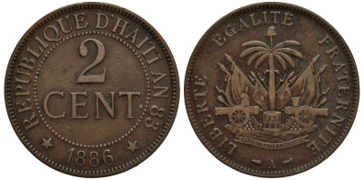 Гаити 2 сантима 1886 А KM 49 бронза 633-424