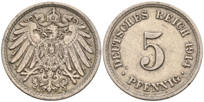 Германия 5 пфеннигов 1914 А KM 11, J. 12 медно-никель 4594-368