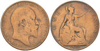 Великобритания 1 пенни 1905 Эдуард VII (1901-1910) KM 794.2, Spink 3990 бронза 3460-1033