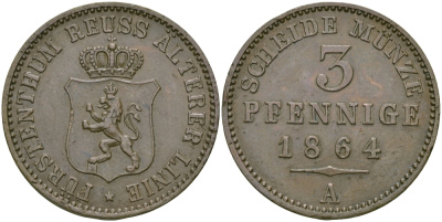 РЕЙС-ШЛАЙЦ 3 ПФЕННИГА 1864 А KM 70 медь 65-732