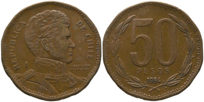 Чили 50 песо 1994 So KM 219.2, Schon 70 алюминиевая бронза 4544-314
