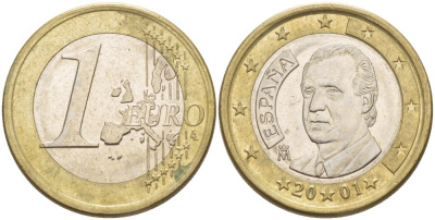 ИСПАНИЯ 1 ЕВРО 2001 ХУАН КАРЛОС I KM 1046 биметалл 4543-254