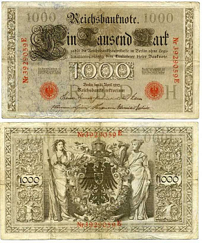 ГЕРМАНИЯ 1000 МАРОК 1910 КРАСНАЯ ПЕЧАТЬ, СЕМИЗНАЧНЫЙ НОМЕР Pick 44b бумага 8595-25-3-1