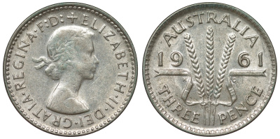 Австралия 3 пенса 1961 m, Елизавета II (1952-2022) KM 57 серебро 71-752
