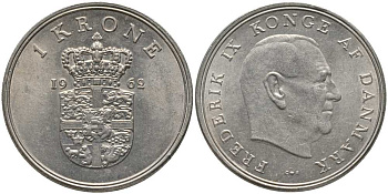 Дания 1 крона 1962 C; S, Фредерик IX (1947-1972) KM 851 медно-никель 4393-442