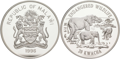 Малави 20 квача 1996 серия защита дикой природы, слоны KM 35 серебро PROOF 1098-2-11