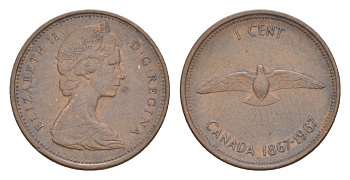 Канада 1 цент 1967 Елизавета II (1952-2022), 100 лет Конфедерации Канады KM 65 бронза 4630-545