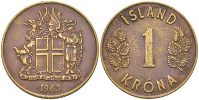 Исландия 1 крона 1963 KM 12а никель латунь 219-835