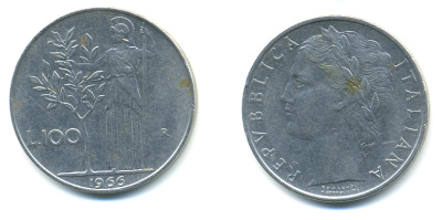 ИТАЛИЯ 100 ЛИР 1966 R АФИНА KM 96.1 сталь 3999-331