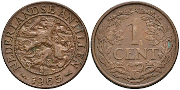Нидерландские Антилы 1 цент 1965 Юлиана (1948-1980) KM 1 бронза 4169-257