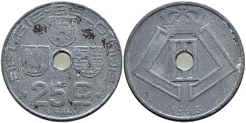 Бельгия 25 сантимов 1945 Belgie-Belgique, Леопольд III (1934-1947), германская оккупация KM 132 цинк 86-1657