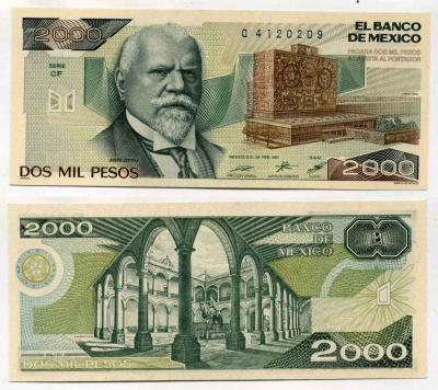 МЕКСИКА 2000 ПЕСО 1987 СЕРИЯ CF, 24 ФЕВРАЛЯ 1987, ДЖУСТО СЬЕРРА Pick 86b бумага UNC (ПРЕСС) 8589-53-3-1