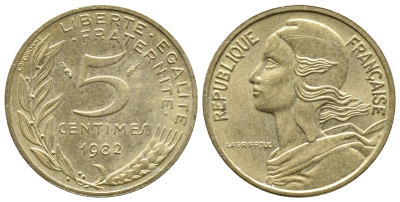 Франция 5 сантимов 1982 тип Марианна KM 933 медь алюминий никель 4679-965