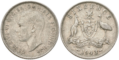 Австралия 6 пенсов 1943 S, Георг V (1936-1952) KM 38 серебро 4623-234