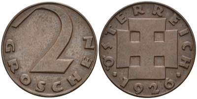 Австрия 2 гроша 1926 KM 2837 бронза 4541-441