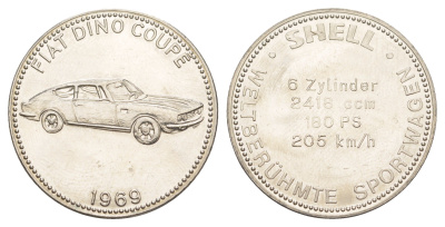 Германия жетон Shell - Знаменитые спортивные автомобили - Fiat Dino Coupe 1969 ND диаметр 29,6 мм, вес 9,8 гр сталь плакированная никелем 4175-857