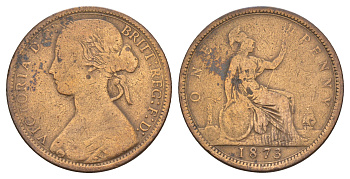 Великобритания 1 пенни 1873 Виктория (1837-1901) KM 749.2, Spink 3955 бронза 4112-644