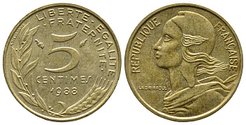 Франция 5 сантимов 1988 тип Марианна KM 933 медь алюминий никель 4679-969