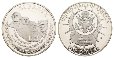 США 1 доллар 1991 S, 50 лет мемориалу президентов, гора Рашмор KM 229 серебро  PROOF  1091-10-44