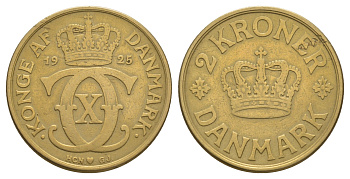 Дания 2 кроны 1925 HCN; GJ, Кристиан X (1912-1947) KM 825 алюминиевая бронза 4112-313