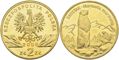 Польша 2 злотых 2006 MW, серия всемирная природа, альпийский сурок KM 534, Parchimowicz 988 нордик UNC 4676-344
